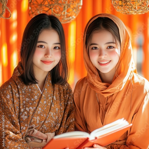 Multi-Religious Female Tourists Learn About Fushimi Inari Shrine History While Walking Through Senbon Torii Path in Kyoto, Japan photo