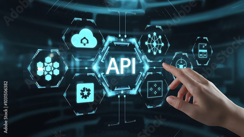 API: a finger touch a hologram virtual interface that hologram of API,API integration, API development, JSON, API documentation,	 photo