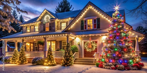 A charming suburban home decorated with twinkling lights, glistening snow, and a towering evergreen adorned with colorful ornaments, creating a magical winter wonderland scene.