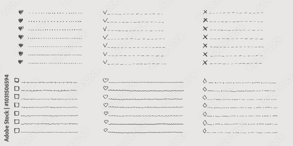 Collection of vector isolated outline hand drawn check to do list, bullet, check mark and check box in a doodle sketch cartoon style. Set of paper note with task plan. Collection of vector isolated outline hand drawn check to do list, bullet, check mark and check box in a doodle sketch cartoon style. Set of paper note with task plan.