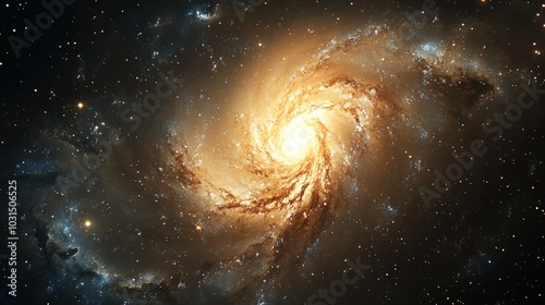 A breathtaking view of a spiral galaxy, is surrounded by countless bright stars