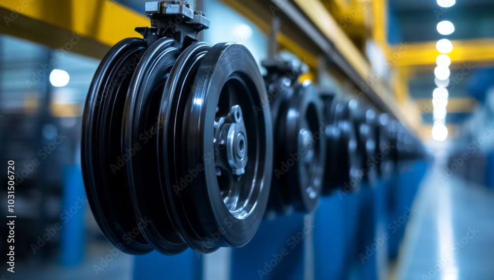 Obraz premium Close-up of black car parts hanging on an assembly line in a factory.