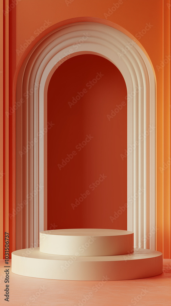 3D Round Podiums with a White and Orange Arch Background. 3D Round Podiums with a White and Orange Arch Background.