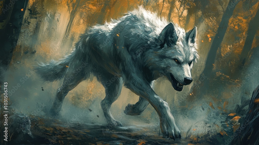 Fototapeta premium A Majestic White Wolf in the Forest