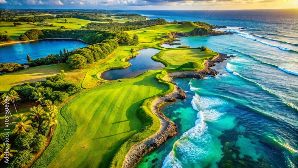 A golf course nestled along a rugged coastline, where vibrant green fairways meet turquoise waters and crashing waves create a dramatic backdrop. A golf course nestled along a rugged coastline, where vibrant green fairways meet turquoise waters and crashing waves create a dramatic backdrop.
