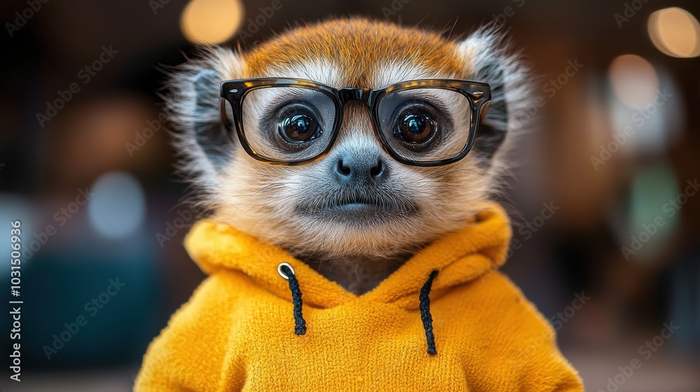 A curious monkey wearing glasses and a yellow hoodie poses for a playful portrait indoors in a cozy environment A curious monkey wearing glasses and a yellow hoodie poses for a playful portrait indoors in a cozy environment