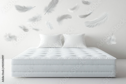 White feathers soar above a white mattress, creating a dreamy atmosphere. photo