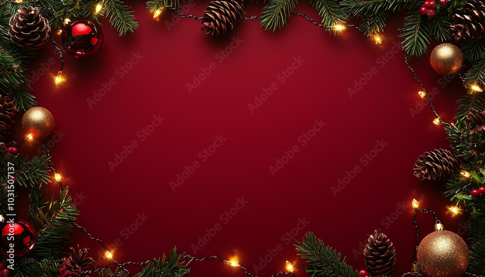 A festive border of pine branches, pinecones, and ornaments on a rich red background, perfect for holiday greetings or decorations. A festive border of pine branches, pinecones, and ornaments on a rich red background, perfect for holiday greetings or decorations.