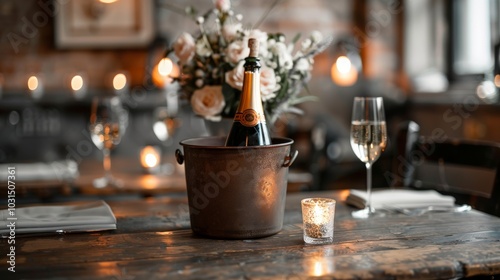 A champagne bottle inside a bucket on a table with a romantic set