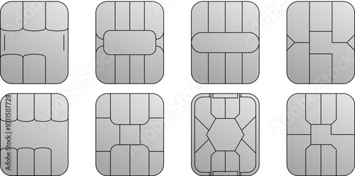 EMV chip silver vector icons. Set line nfc symbol. Contactless payment at terminals and ATMs. Square computer microchips for credit debit cards. 
