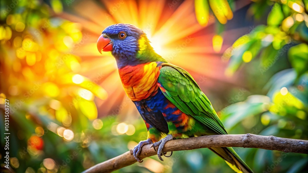 Obraz premium A rainbow lorikeet perched on a branch with a blurred background of foliage and a burst of light.