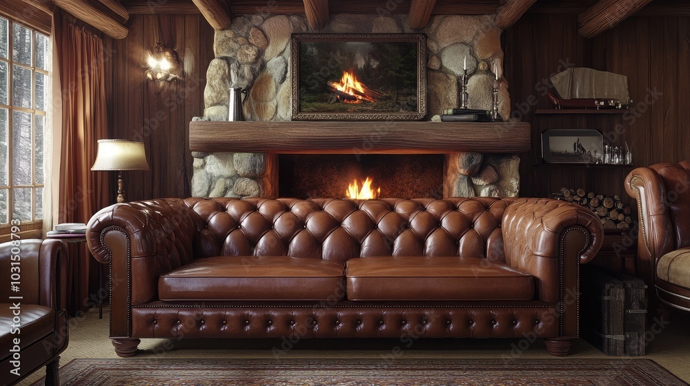 Cozy Leather Sofa in a Rustic Cabin Setting Cozy Leather Sofa in a Rustic Cabin Setting