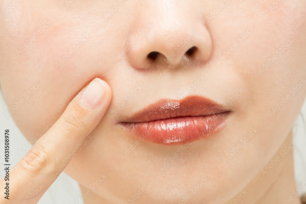 Obraz premium 女性は豊麗線を指差している。