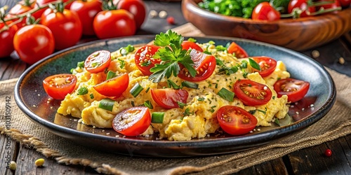 Scrambled eggs with cherry tomatoes and fresh herbs served on a rustic plate with a side of fresh tomatoes