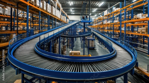 Modern Automated Warehouse with Conveyor System and Stacked Shelves for Efficient Storage and Distribution photo