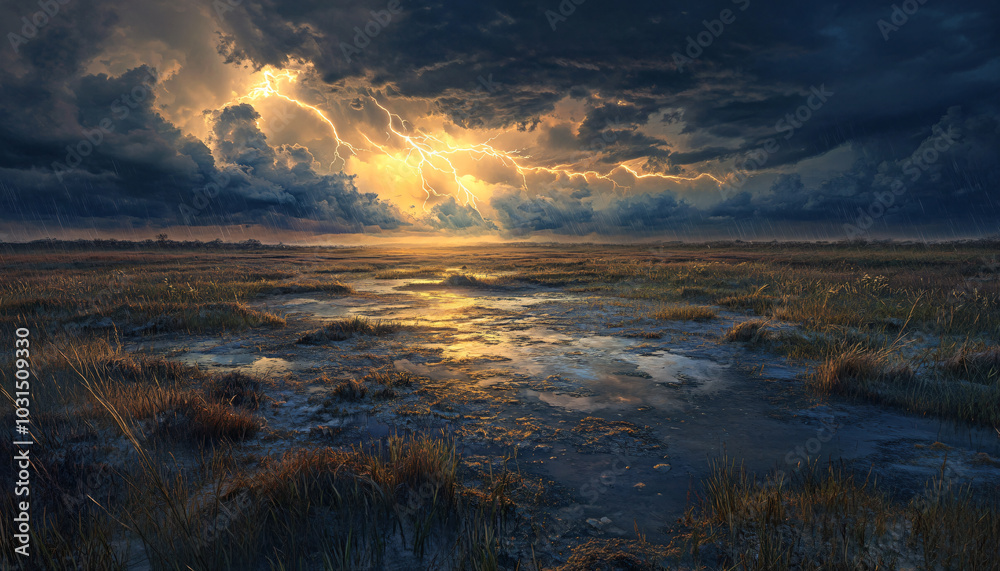 A vast plain frozen in time during a violent storm—lightning bolts, swirling clouds, and even raindrops are suspended in midair A vast plain frozen in time during a violent storm—lightning bolts, swirling clouds, and even raindrops are suspended in midair