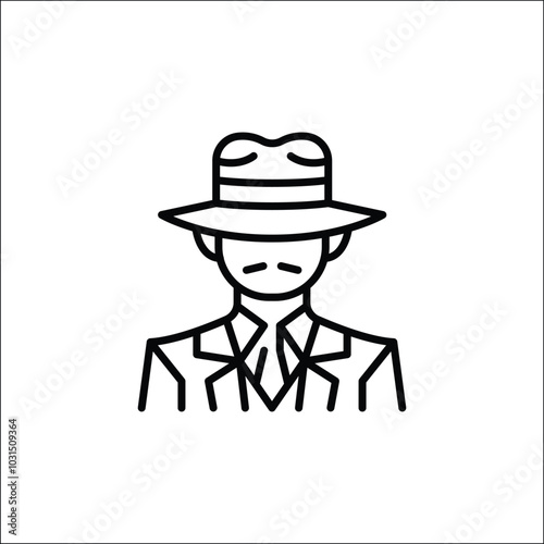 Mafia icon. Simple minimal line art illustration of a man in a suit and fedora hat, representing a classic mafia character. Perfect for use in crime, detective, film noir. Vector illustration