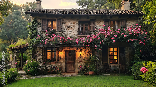 An antique countryside house with weathered wooden beams and stone walls, overgrown with wild roses blooming around the entrance, surrounded by a lush green garden in the golden light of late 