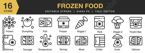 Frozen Food icon set. Editable Stroke Icon Collection. Includes chiller, delivery, dumpling, fish, freezer, meat, and More. Outline icons vector collection.