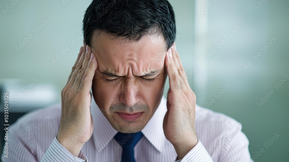 A stressed businessman holds his head, depicting the strain of work pressures and the toll of a demanding corporate environment. A stressed businessman holds his head, depicting the strain of work pressures and the toll of a demanding corporate environment.