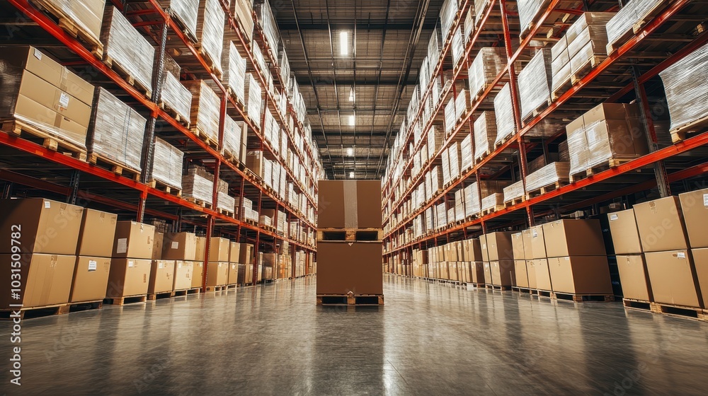 Fototapeta premium Large Industrial Warehouse Interior with Stacked Cardboard Boxes on Shelves and Pallets in a Modern Distribution Center