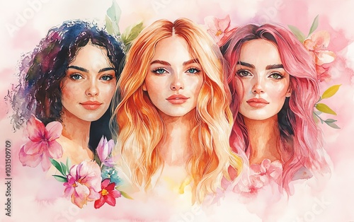 Graceful watercolor portraits of women celebrating diversity, framed by a pastel pink backdrop, reflecting the theme of female empowerment photo