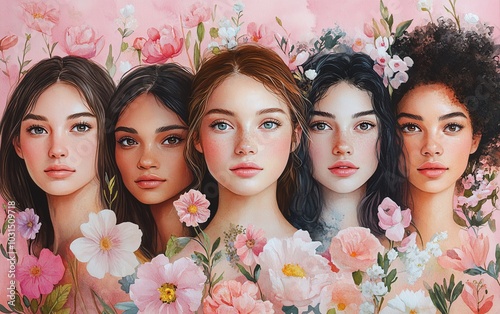 Graceful watercolor portraits of women celebrating diversity, framed by a pastel pink backdrop, reflecting the theme of female empowerment photo