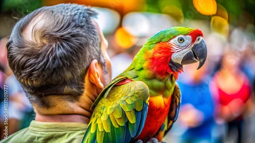 Obraz A vibrant African parrot macaw perches on its owner's shoulder, chattering joyfully, sharing a colorful bond.
