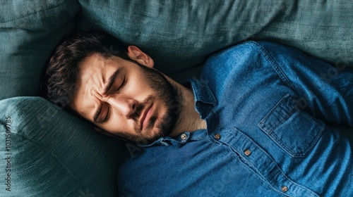 A man appears to be resting uncomfortably on a couch, expressing a pained or distressed emotion. photo