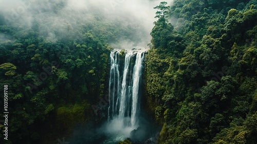 Majestic Waterfall in Lush Green Landscape