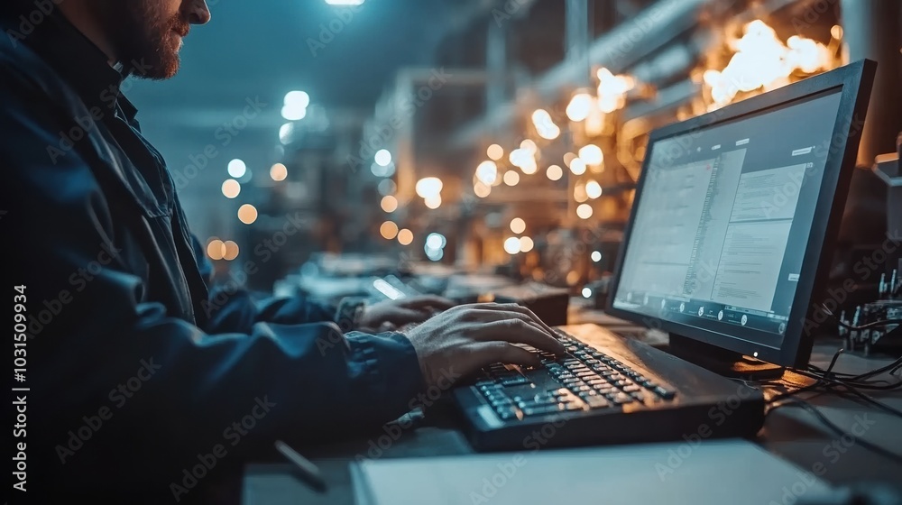 Person typing on a laptop in a modern workspace with soft lighting effects. Person typing on a laptop in a modern workspace with soft lighting effects.