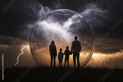 Silhouette of a family standing together inside a glowing protective bubble, with a storm raging outside