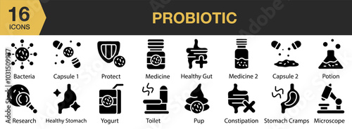 Probiotic solid icon set. Includes bacteria, capsule, constipation, healthy gut, and More. Solid icons vector collection.