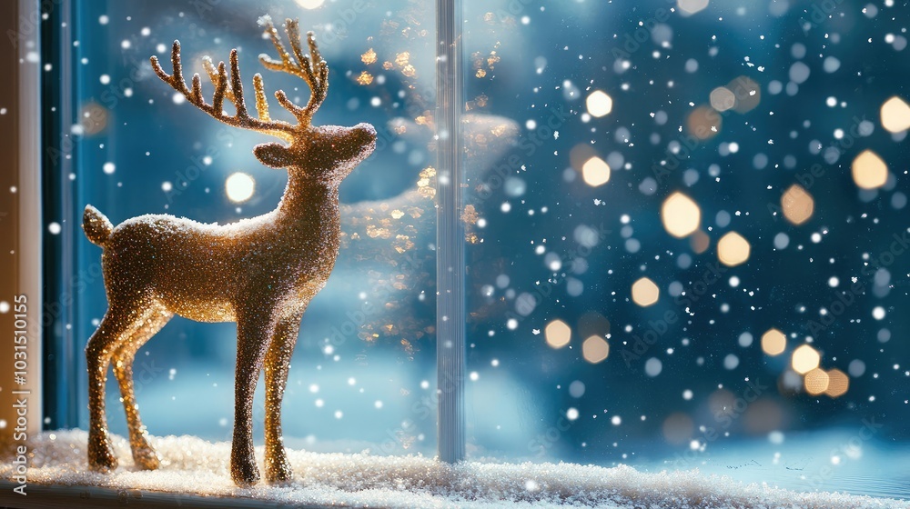 Festive Reindeer Decoration in Snowy Window Scene Festive Reindeer Decoration in Snowy Window Scene