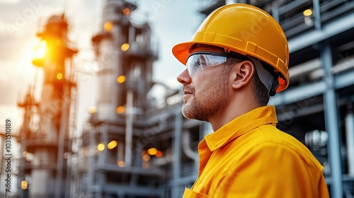 Profile of a worker in safety gear at an industrial site, focused and determined.