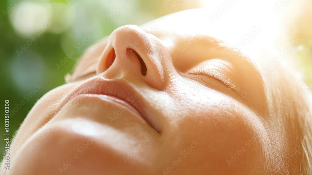 Naklejka premium Relaxed woman enjoying nature with eyes closed, sunlight glowing on her peaceful face.