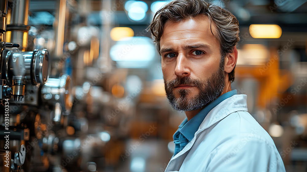 Confident Man in Lab Coat in Industrial Setting Confident Man in Lab Coat in Industrial Setting