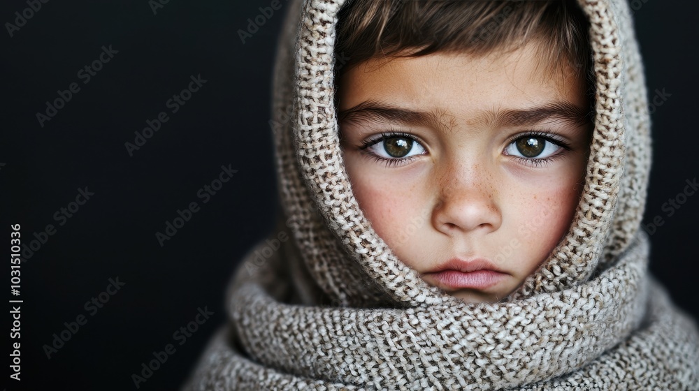 A close-up portrait of a child wrapped in a textured scarf, gazing directly at the camera with expressive eyes, conveying emotion and depth. A close-up portrait of a child wrapped in a textured scarf, gazing directly at the camera with expressive eyes, conveying emotion and depth.