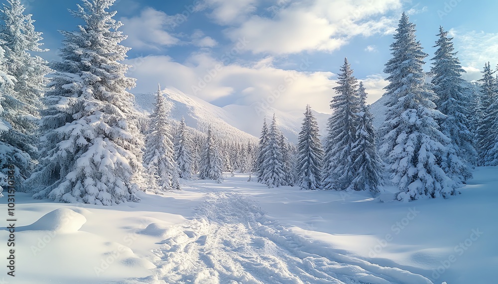 Naklejka premium A magical winter landscape filled with snowladen trees in a serene forest, perfect for enchanting nature photography capturing seasonal themes