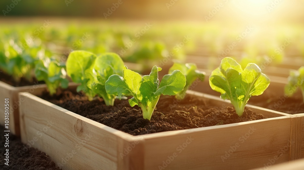 Lettuce seedlings growing in wooden boxes under sunlight. Lettuce seedlings growing in wooden boxes under sunlight.