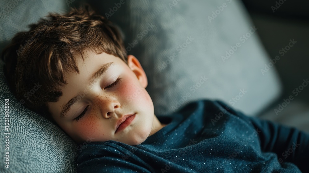 A peaceful young boy is asleep on a couch, showcasing tranquility and innocence in a cozy setting. A peaceful young boy is asleep on a couch, showcasing tranquility and innocence in a cozy setting.