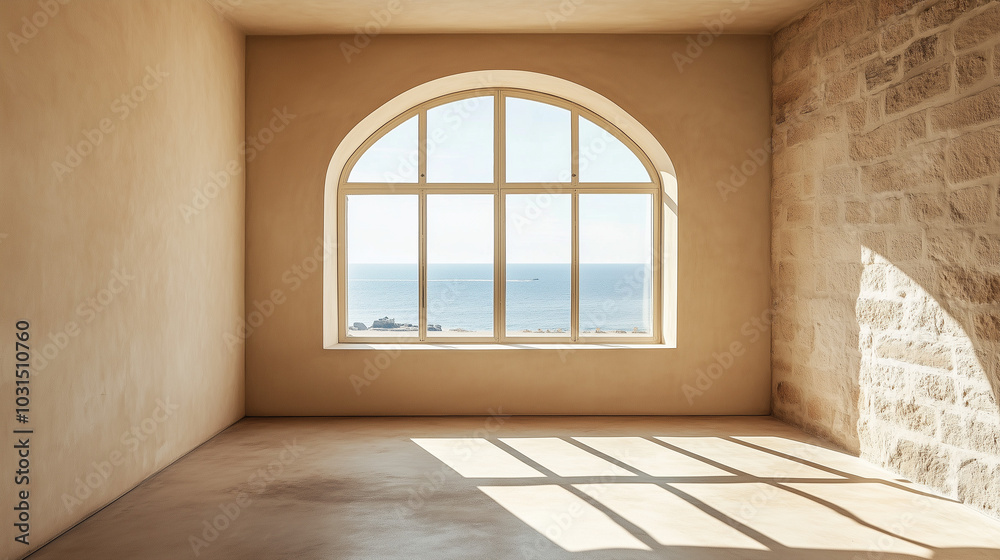 Empty room with window, Beige Empty Room Interior with a Window Overlooking the Beach. Empty room with window, Beige Empty Room Interior with a Window Overlooking the Beach.