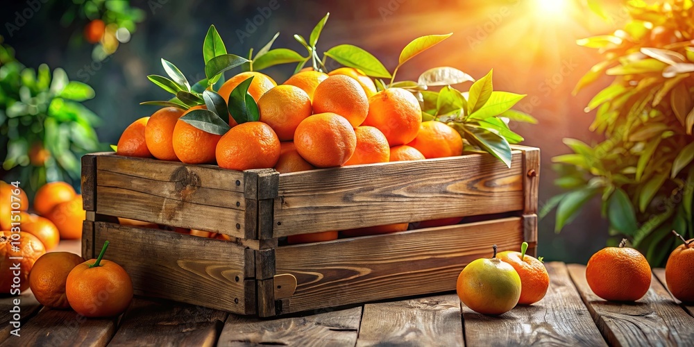 A wooden crate overflowing with ripe citrus fruit, bathed in warm sunlight, with a few loose fruits spilling onto the rustic wooden table beside it. A wooden crate overflowing with ripe citrus fruit, bathed in warm sunlight, with a few loose fruits spilling onto the rustic wooden table beside it.
