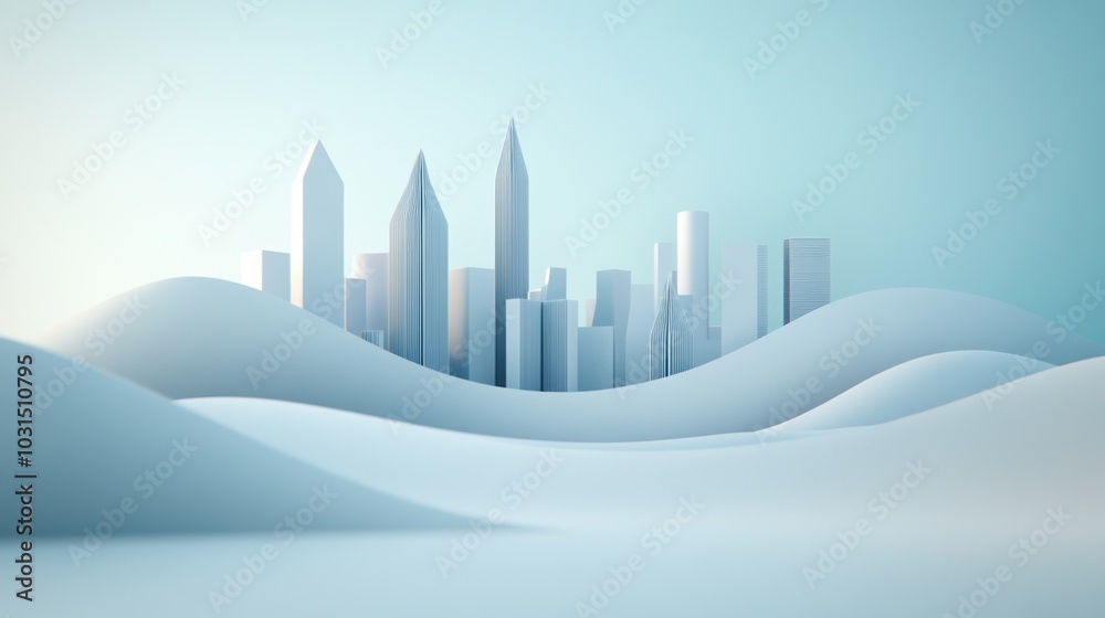 Fototapeta premium Minimalist city skyline with abstract waves, soft pastel colors on a white background.