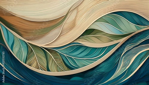 葉っぱの模様と木目や水の波紋の柔らかく抽象的な背景。Soft abstract background of leaf patterns, wood grain and water ripples.