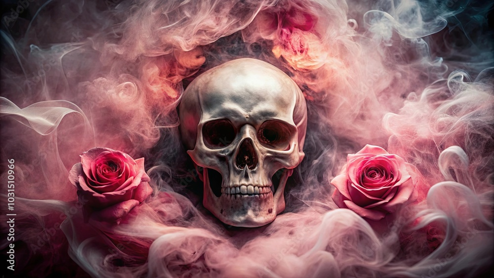 A Human Skull Enveloped in Swirling Pink and White Smoke, Flanked by Two Delicate Roses A Human Skull Enveloped in Swirling Pink and White Smoke, Flanked by Two Delicate Roses