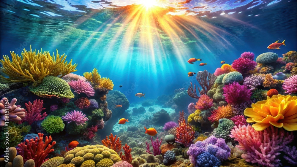 Fototapeta premium Underwater scene with colorful algae and coral reefs, ocean, marine life, underwater, sea, algae, coral