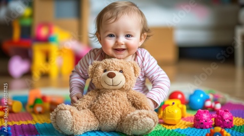 A happy baby girl with big blue eyes is sitting on a colorful play mat and hugging a teddy bear. She is surrounded by toys and looks at the camera with a big smile.