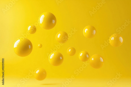 Yellow background with numerous floating spheres creating a whimsical, surreal atmosphere.
