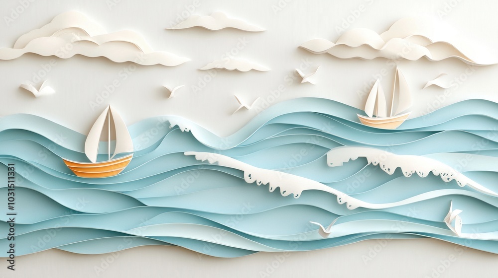 Paper art scene depicting boats sailing on a tranquil sea with clouds overhead. Paper art scene depicting boats sailing on a tranquil sea with clouds overhead.